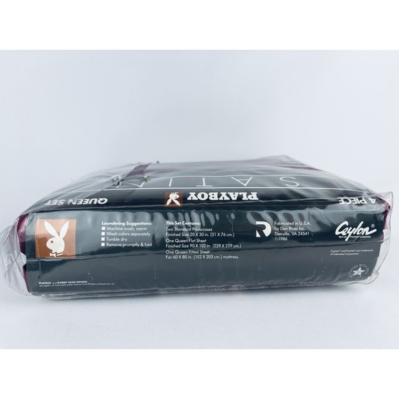 Playboy Bunny Logo Satin Sheets Queen Bed Set - 4 Piece Vintage 1986 Purple Plum - Picture 6 of 14